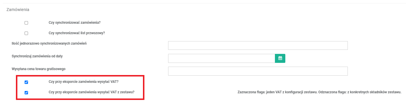 Ustawienia wysyłania VAT przy eksporcie zamówienia do Comarch ERP XL