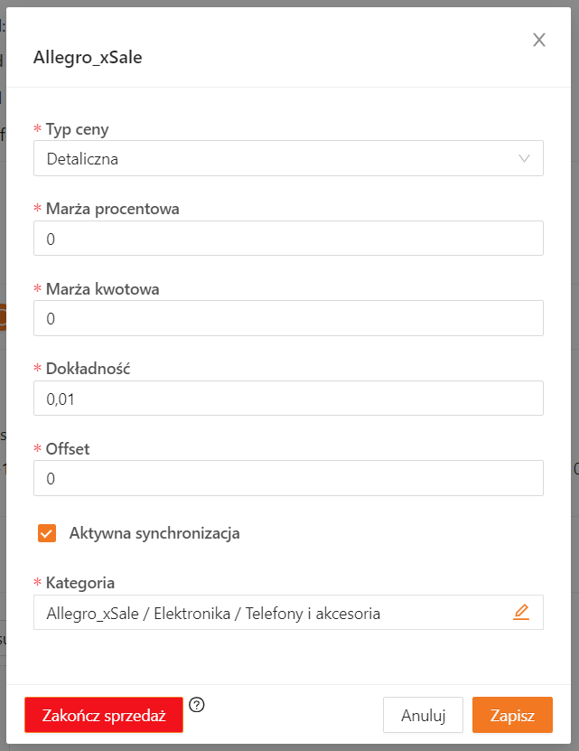 Przycisk Zakończ sprzedaż w edycji kanału oferty